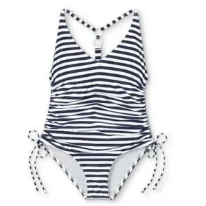 Kona Sol Navy + White Stripe V Neck Side Cinch One Piece Swimsuit Large